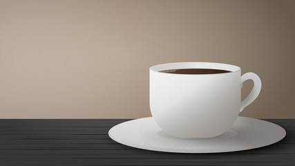 Realistic cup with coffee on a black wooden table. Vector. White cup on a saucer side view. Espresso isolated on a white background.