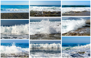 Collage of the sea coast photos with waves and splashes