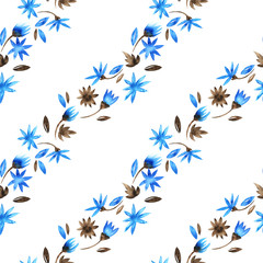 Watercolor seamless pattern with hand painted watercolor blue flowers, brown color, vintage. Stock illustration. Fabric wallpaper print texture.
