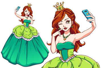 Pretty cartoon princess taking selfie. Red haired girl wearing green royal dress and golden crown. Hand drawn vector illustration. Can be used for t-shirt template, children mobile games, books, cards