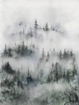 Fototapeta Foggy Forest watercolor illustration, Painting of Misty Mountain Landscape. 