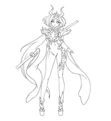 Pretty demon girl with long hair, horns and katana. Hand drawn contour anime illustration.