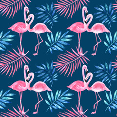 Watercolor seamless pattern with hand painted watercolor flamingos, tropical palm leaves. Stock illustratition, wrapping paper. Fabric wallpaper print texture.