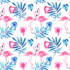Watercolor seamless pattern with hand painted watercolor hearts, flamingo, tropical palm leaves. Stock illustration, Valentine's day, romantic post cards, wrapping paper. Fabric wallpaper print textur