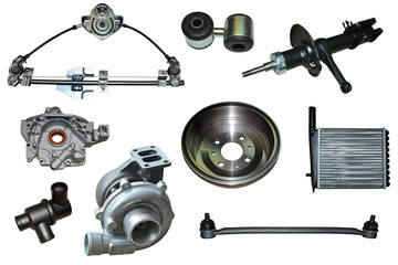 Auto parts, vehicle parts, car accessories isolated on a white background.