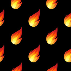 Seamless pattern with fire flames isolated on black background.