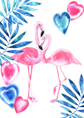 Hand painted watercolor hearts, bright colors, flamingo, tropical palm leaves. Stock illustration, Valentine's day, romantic post cards, greeting cards.
