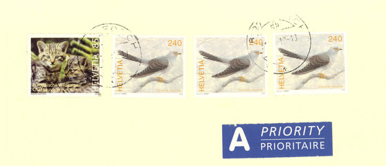 Briefmarken stamps Helvetia Schweiz Vogel bird Katze cat animal Europäische Wildkatze Kätzchen...