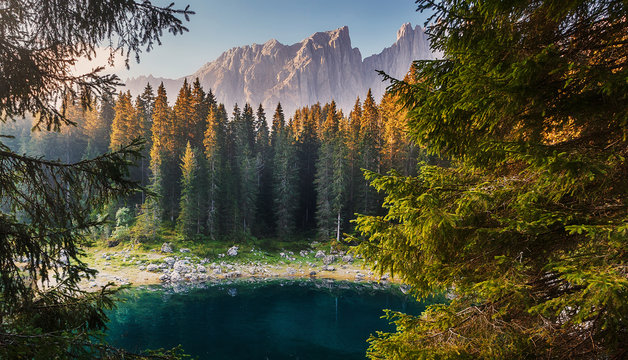 Incredible nature landscape.Sunny autumn day in Dolomites Alps. Lake Carezza with Mount Latemar, Bolzano province, South tyrol, Italy. popular travel locations. Picture of wild area