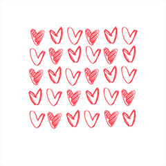 Square background with rows of hand drawn red hearts, empty and shaded outlines on white background, for gift wrap and other design projects. Valentines Day concept, romance concept
