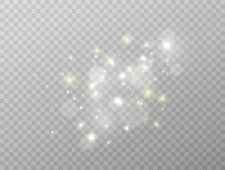 Glowing light effect isolated on transparent background. Star burst with white and gold sparkles. Magic glitter dust particles. Shining flare. Vector illustration