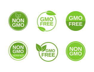 Non GMO label set. GMO free icons. No GMO design elements for tags, product packag, food symbol, emblems, stickers. Healthy food concept. Vector illustration
