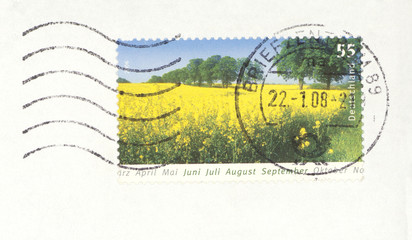 Briefmarke stamp Deutschland Germany Jahreszeit Frühling spring Rapsfeld gelb natur Acker Feld...