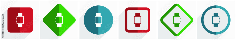 Fototapete smartwatch icon set, flat design vector illustration in 6 options for webdesign and mobile applicati