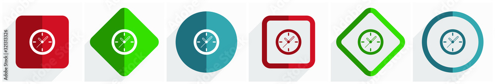 Poster time, clock, watch icon set, flat design vector illustration in 6 options for webdesign and mobile a