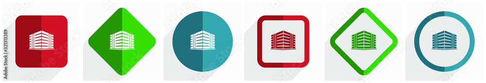 Poster office building icon set, flat design vector illustration in 6 options for webdesign and mobile appl