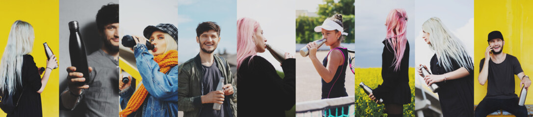 Collage of portraits, of people using reusable steel thermo water bottle.