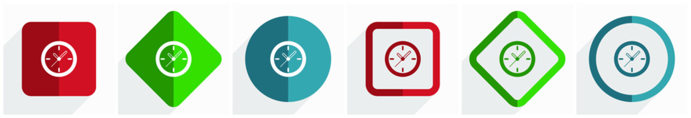 Time, clock, watch icon set, flat design vector illustration in 6 options for webdesign and mobile applications in eps 10