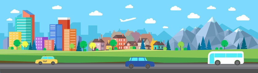 Flat vector cartoon style illustration of urban landscape road with cars, skyline city office buildings and family houses in small town village in backround with forest and mountain. Background