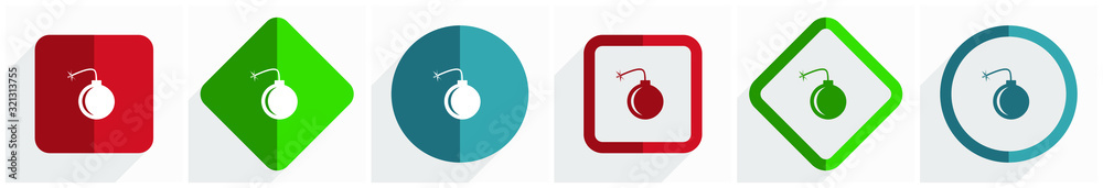 Leinwandbilder Bomb icon set, flat design vector illustration in 6 options for webdesign and mobile applications in eps 10
