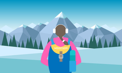 Woman an with backpack in winter ear bandage, with thermos, traveller or explorer standing and looking on valley. Concept of discovery, exploration, hiking, adventure tourism and travel. Flat vector  