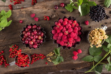 Fresh berries from the garden in an iron pot on a wooden table. Raspberry, red currant, golden currant, white currant, gooseberry, blueberry. With green leaves. View from above. Top view.