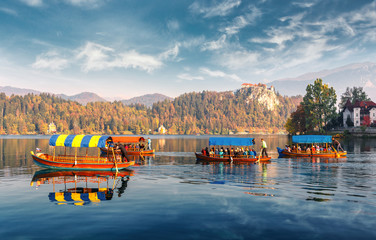 Fototapeta na wymiar Sunny morning scene of Bled lake and is overlooked by Bled Castle. popular touristic place. summer view of Lake Bled. Blejsko jezero. is a glacial lake in the Julian Alps.