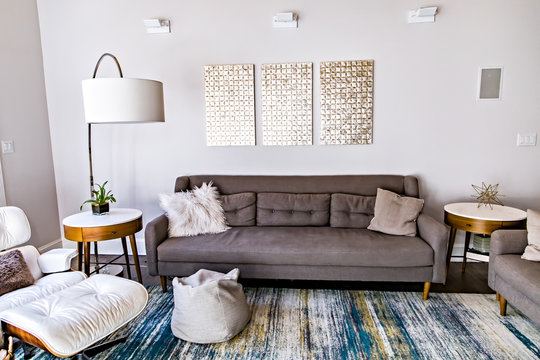 Mid Century Modern Contemporary Style Living Room Den In A Spacious Open Home With A Vaulted Ceiling And A Pine Wood Ceiling And Neutral Gray Couch And Furniture