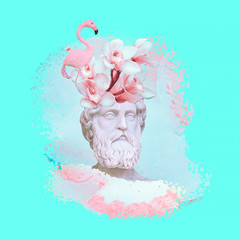 Contemporary art collage. Concept trendy greek statue and blooming vibes