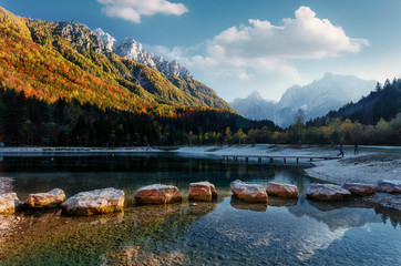 Amazing nature Landscape in Julian Alps during sunset. Lake Jasna near Kranjska Gora, Slovenia....