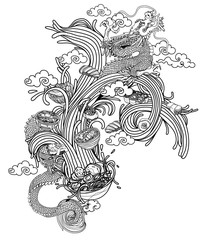 Hand-drawn japanese food noodle black and white