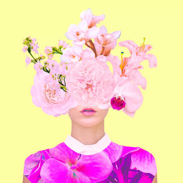 Contemporary art collage. Bloom Flowers Lady