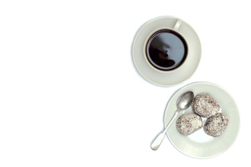 bowl with apple jam, dessert, a cup with a drink on a saucer and a silver spoon on a white background.