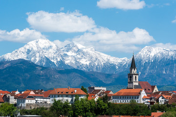 The panoramic view of the city of Kranj, Slovenia with the surrounding mountains (Julian Alps)