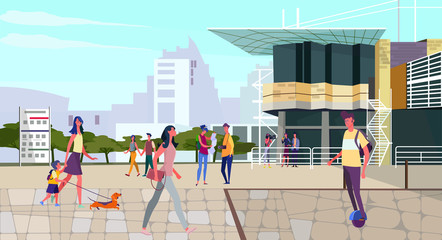 Obraz premium Citizens walking on city square. Crowd, contemporary architecture, urban scooter flat vector illustration. Lifestyle, modern city life concept for banner, website design or landing web page