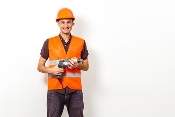 Young worker isolated on white