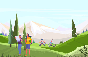 People traveling in mountains. Hiking, tourist, map, riding bike flat vector illustration. Adventure, activity, landscape concept for banner, website design or landing web page