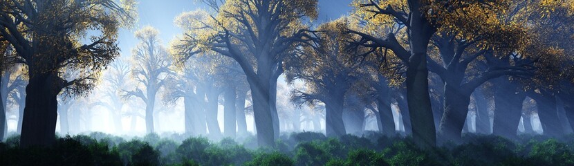 Trees in the sun, fog and forest, a park in the haze, 3D rendering
