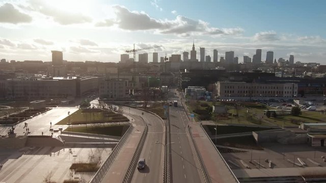 Aerial view of Warsaw skyline and the Vistula riverbank