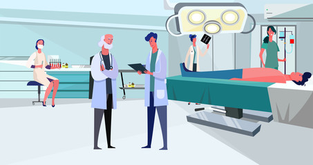 Doctors working in surgery room. Patient, nurse, team flat vector illustration. Hospital, surgeon, operation concept for banner, website design or landing web page