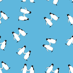 Seamless pattern with penguins Sea bird Animal illustration perfect for design greeting cards, prints, flyers,cards,holiday invitations and more.Vector card on blue background