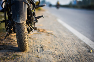 a closeup of sport bike Tyre and bike in a highway, Sport Bike 