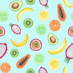 Seamless pattern with yellow bananas, passion fruit, papaya, lemon, kiwi, pitahaya and lime. Cute watercolor fruits. Bright illustration of summer fruits for fabric and decor.