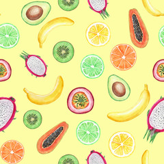 Seamless pattern with yellow bananas, passion fruit, papaya, lemon, kiwi, pitahaya and lime. Cute watercolor fruits. Bright illustration of summer fruits for fabric and decor.