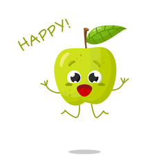 Happy cute character bounces up with happiness, eyes wide open. Isolated green Apple in cartoon style. Vector