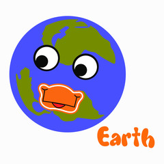 Planet earth with a funny face, childish illustration. Space. Suitable for the design of children's products. Isolated white. Stock illustration.
