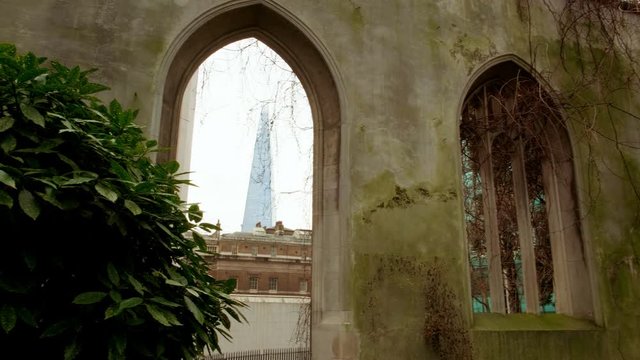 Slow panning shot of the ruined church of  St. Dunstan in the East, London, England, UK destroyed by German bombs during WW II