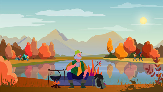 Senior camper drinking tea at pond. Autumn landscape, bonfire, camping flat vector illustration. Adventure tourism, outdoor travel, hiking concept for banner, website design or landing web page