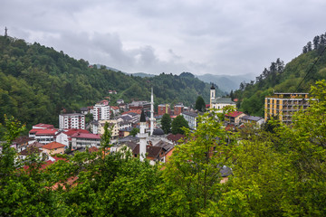 Fototapeta na wymiar View of the valley with the town of Srebrenica, Bosnia and Herzegovina