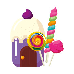cupcake house with delicious candies vector illustration design
